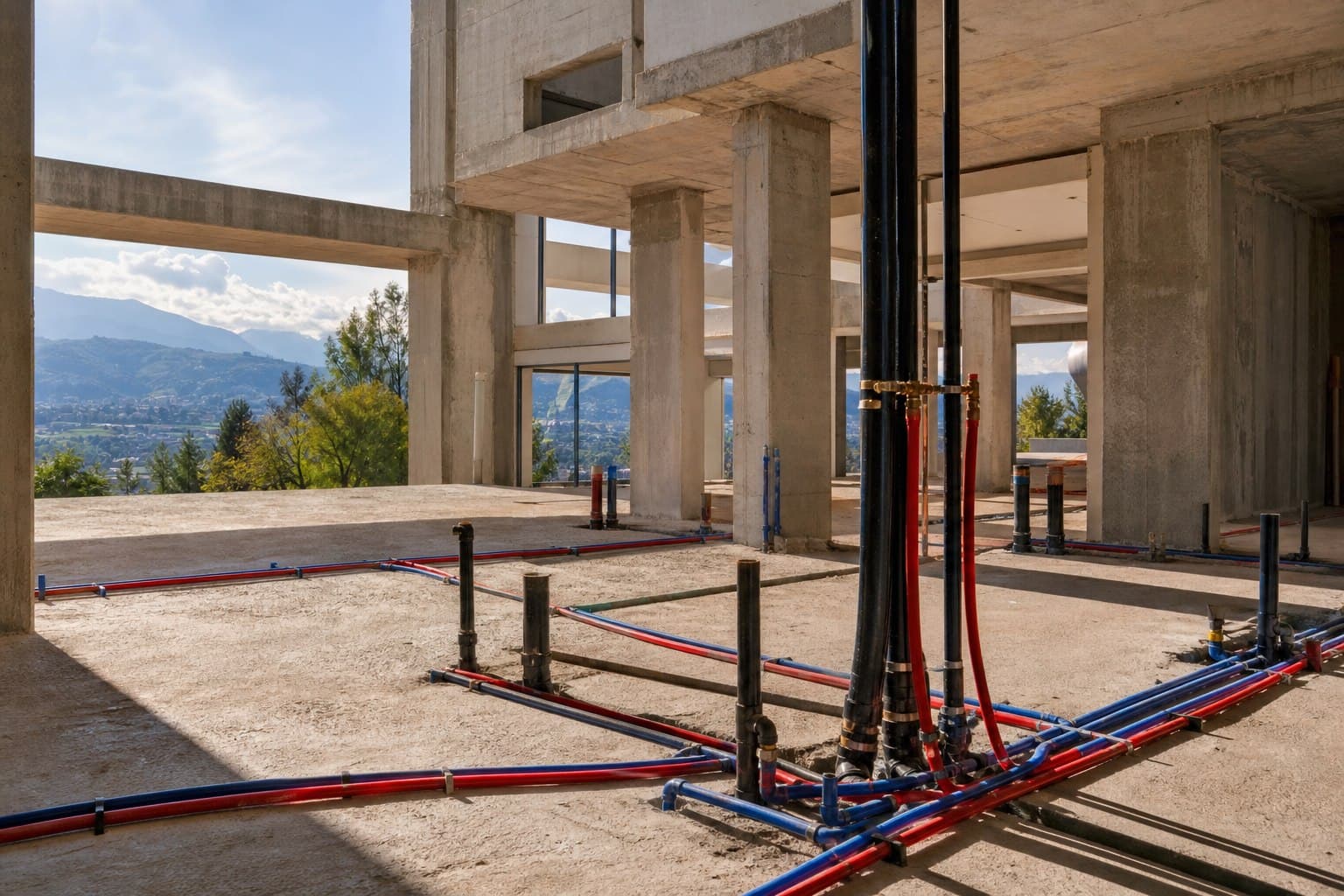 Instalación moderna de tuberías PEX y HDPE en un edificio en construcción