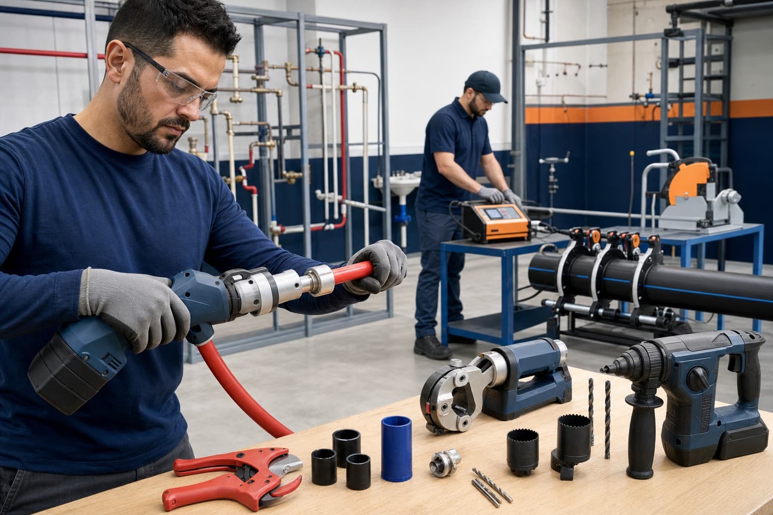 Técnicos utilizando herramientas de expansión, electrofusión, corte y perforación para sistemas PEX y HDPE