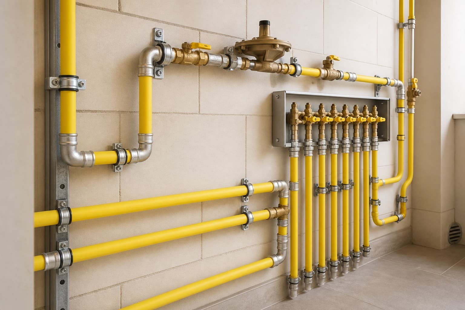 Instalación para gas con tuberías multicapa PEX-AL-PEX amarillas, válvulas y colector