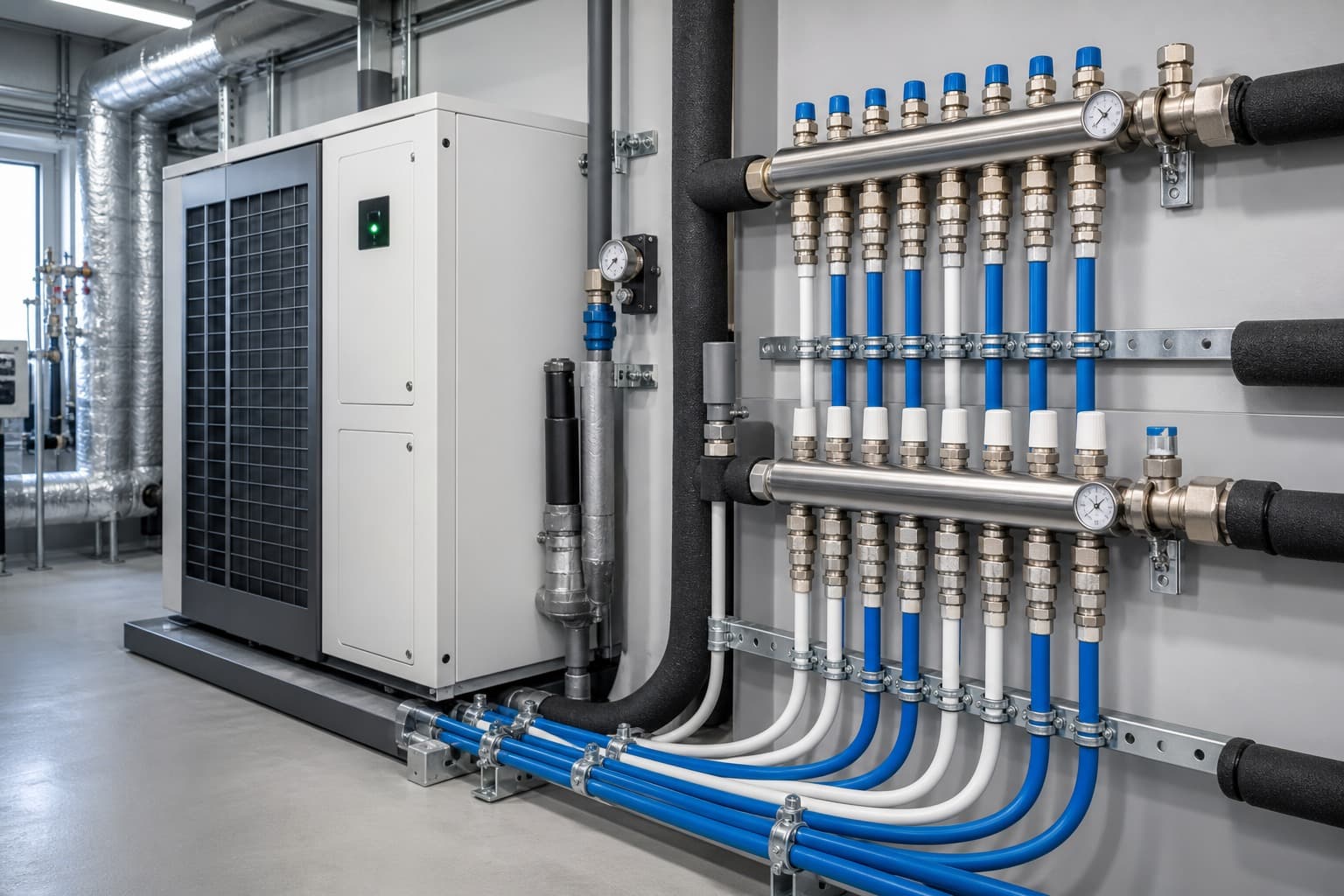 Sistema de climatización hidrónica con tuberías multicapa PEX-AL-PEX azules y blancas