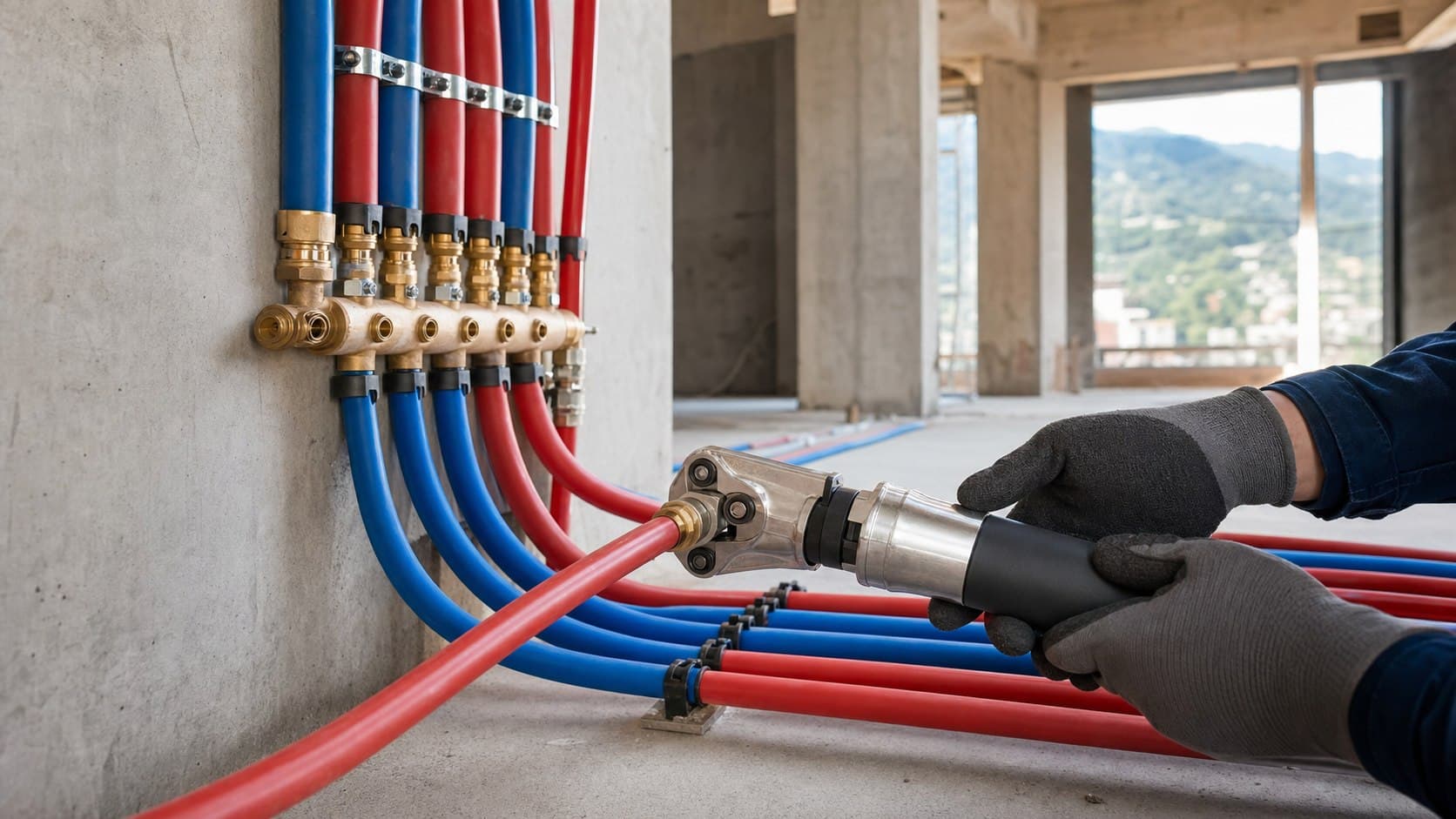 Instalación profesional con tuberías PEX rojas y azules