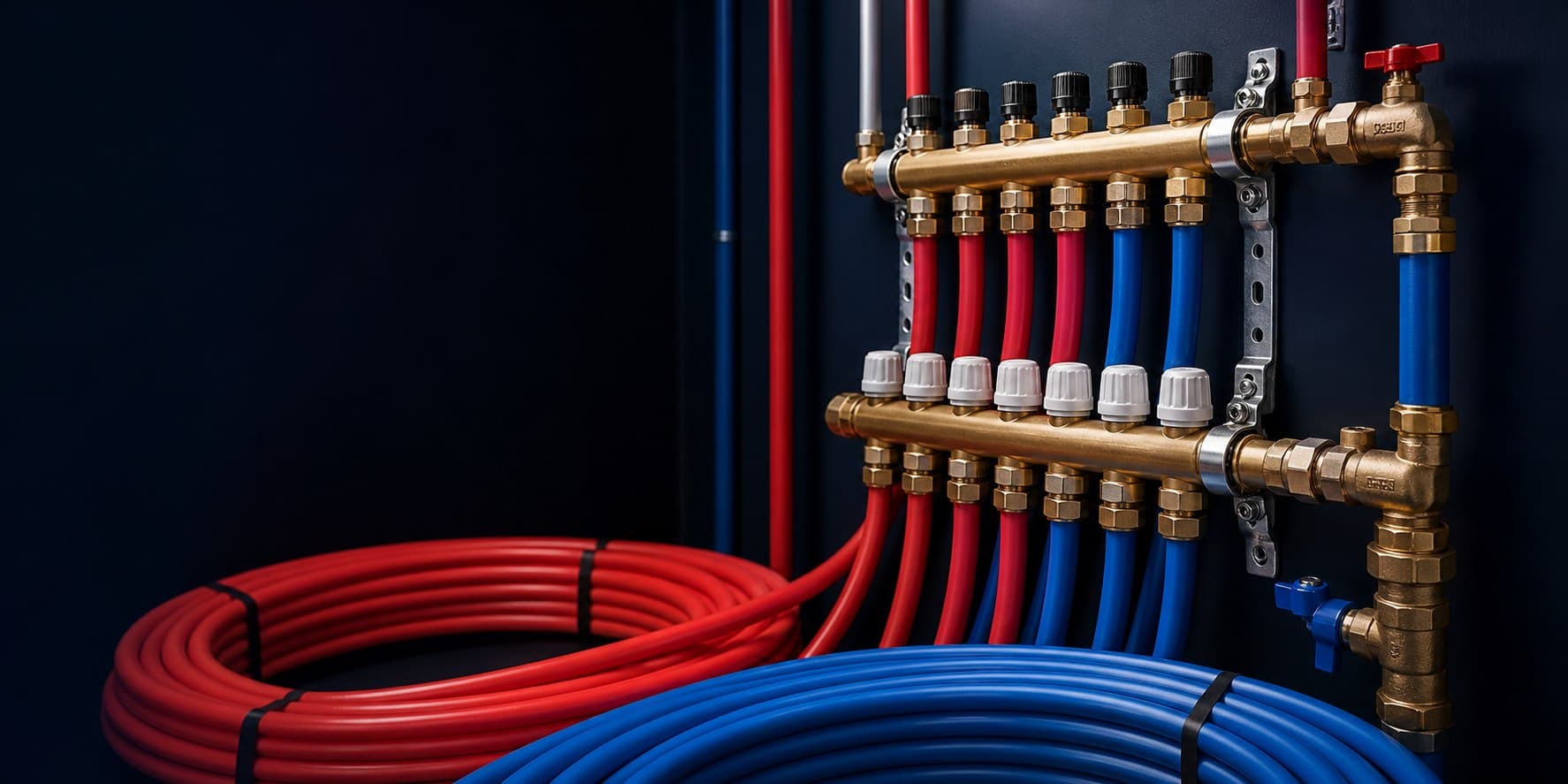 Colector de distribución con tuberías PEX rojas y azules